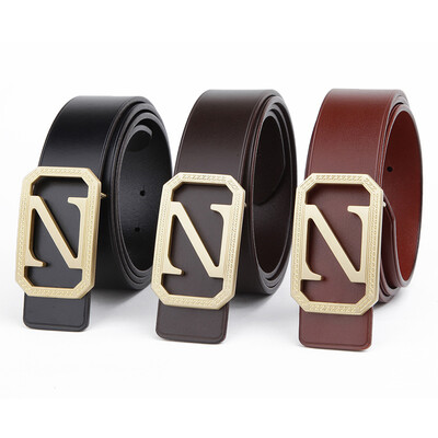 

Mens first layer leather belt fashion wild copper buckle belt embossed pattern