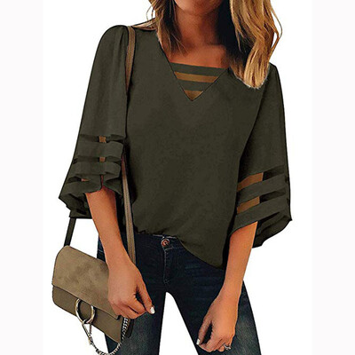 

Starmoon Women Ladies V-Neck Solid Half Flare Sleeve Loose Casual T-Shirt Tops Blouse