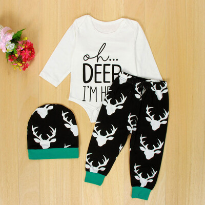 

Newborn Baby Boys Girls Deer Letter Romper Pants Hat 3PCS Outfits Set Clothes