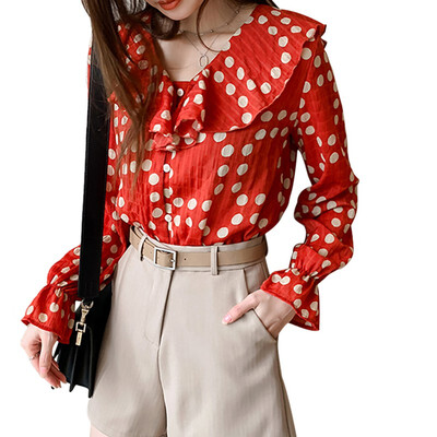 

Womens Dot Print Ruffled Collar Casual Loose Long Butterfly Sleeve Ruffles Chiffon Blouse