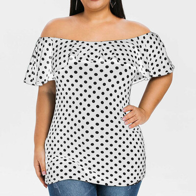 

Nomeni Women Plus Size Casual Slash Neck Ruffled Wave Dot Print Top T-shirt