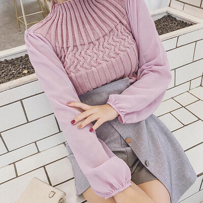 

Ladies Knit Stitching Lantern Sleeve Blouse Pullover Shirts Women Fashion Clothes