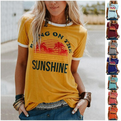 

Amazon Hot Selling Bring On The Sunshine Letter Print Short Sleeve Cotton Round Neck T-Shirt yellow