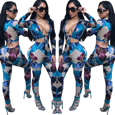 

New Sexy Women Print Two-Piece Set Front Knot V Neck Long Sleeve Crop Top High Waist Pants Tracksuit Outfit Blue