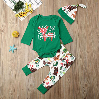 

My First Christmas Baby Boy Girl Romper TopsPantsHat Clothes Outfits 0-24M