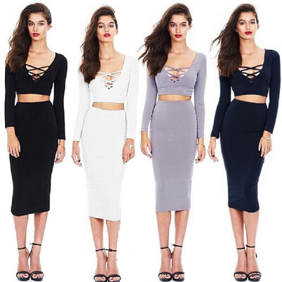 

Sexy Women Two-piece Dress Crossing Lace Up Deep V Neck Long Sleeve Tops Bodycon Mini Pencil Skirt