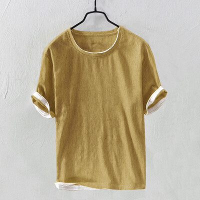 

Toponeto Mens Linen Brief Solid Color Summer Short Sleeve Thin Casual T shirt Top