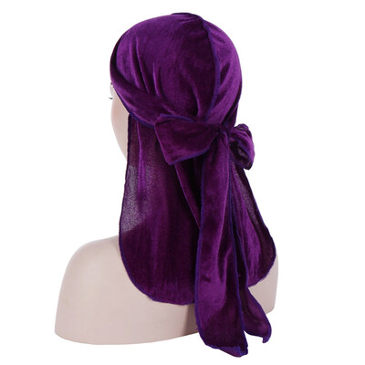 

Men Women Unisex Winter Velvet Solid Color Turban Hat Extra Long Tail Wide Straps Pirate Head wrap Biker Hair Cover
