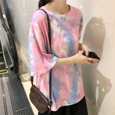 

Womens Casual Round Neck Tie Dye Print Short Sleeve Loose Pullover Simple T-Shirt