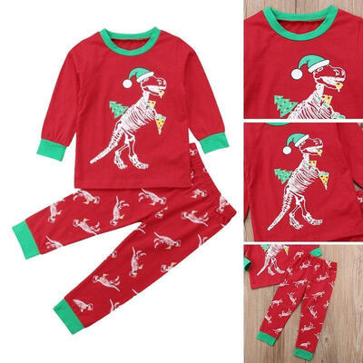 

HOT Toddler Kids Baby Girl Boy Christmas Pizza Dinosaur Set Christmas Pajamas Set