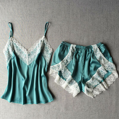

2pcs Women Satin Lace Sleepwear Babydoll Sexy Lingerie Nightdress Pajamas Set