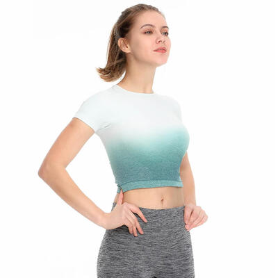 

Gradient Women Sports Yoga Slim Crop Tops Lady O-neck Short Sleeve T-shirts