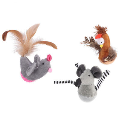 

Greensen 3pcs Funny Cat Animal Tumbler Interactive Plush Toy with Feather for Pet Cat