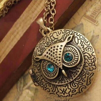 

Women\s Vintage Blue Rhinestone Eye Owl Locket Pendant Long Chain Necklace