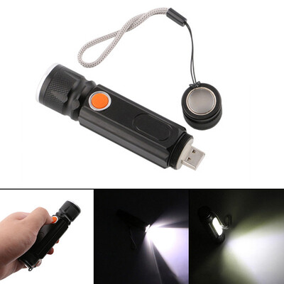 

USB Flashlight WMagnet COB Work Light T6 Handy LED Rechargeable Torch Black