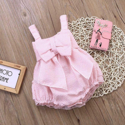 

Baby Girls Striped Seersucker Bubble Straps Ruffle Layers Bowknot Romper 0-24Months