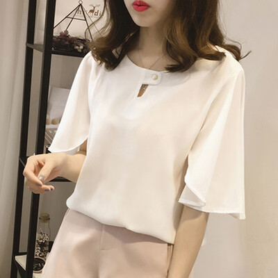 

Flare Half Sleeve Solid Color Chiffon Shirt Summer Women Loose Bottoming Shirt