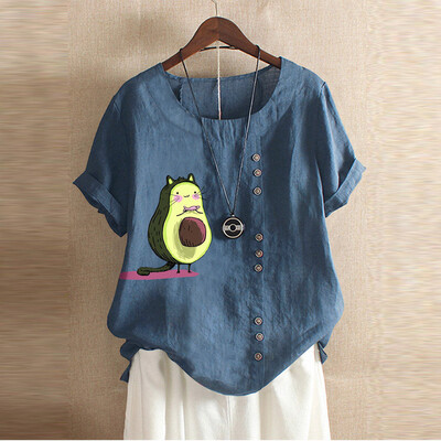 

Starmoon Plus Size Women Short Sleeve Cotton Linen O-Neck Print Blouse Top T-Shirt