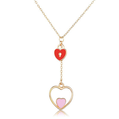 

Double Heart With Heart Lock Pendant Necklace For Women Korean Trendy Romantic Heart Design Wedding Jewelry Necklace For Gifts
