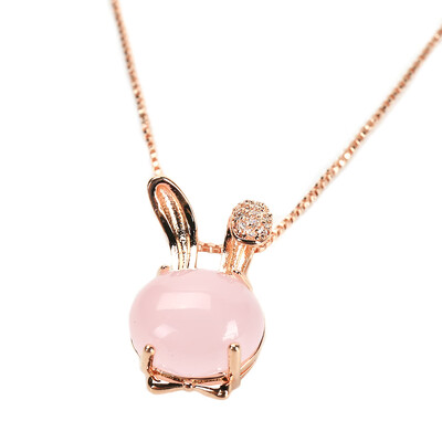 

Silver Rose Gold Color Cute Natural Stones Necklace Korean Pink Crystal Pendant Female Rabbit Cartoon Jewelry
