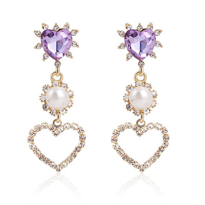 

Love Heart Rhinestone Simulated Pearl Long Earring Drop Jewellery For Women