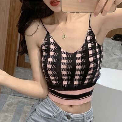 

Womens Sexy V Neck Sleeveless Plaid Print Knitted Camisole