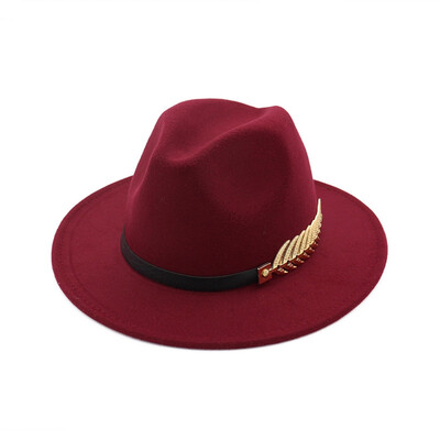 

Vintage Women Men Felt Wide Brim Fedoras Hat Trilby Jazz Gangster Cap With Leaf