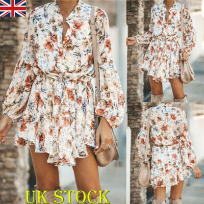 

UK Womens Boho Mini Floral Dress Autumn Ladies Long Sleeve Dress UK Size 6 - 20