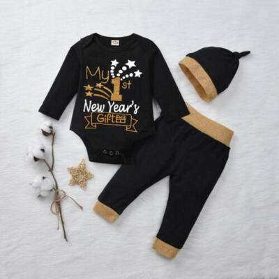 

US 3PCS Newborn Baby Boy Girl My 1st New Year Gift Clothes Romper Pants Outfits