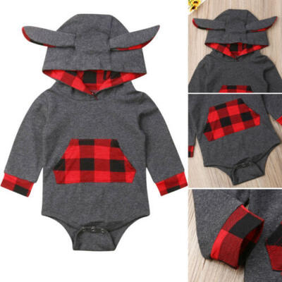 

Newborn Baby Boys Girls Plaids Clothes Cute Hooded Romper Bodysuit Outfit Autumn