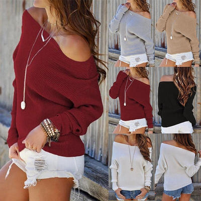 

New Women Casual Loose Jumper Lady Off-shoulder Oversized Sweater Blouse Tops