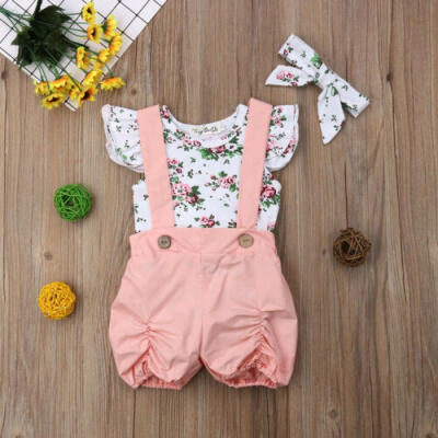 

AU Toddler Baby Girls Floral Romper Bib Pants Overalls Headband Outfit Clothes