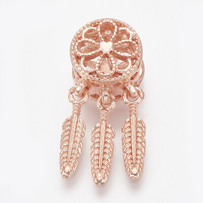 

Alloy European Dangle Beads Large Hole Pendants Hollow Flat Round&Feather Rose Gold 275mm Hole 5mm