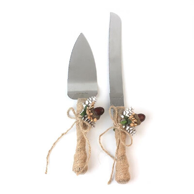 

Stainless Steel Wedding Cake Knife & Server Set Burlap Twine Handle with Artificial Flower Cake Cutlery for Wedding Anniversary Bi
