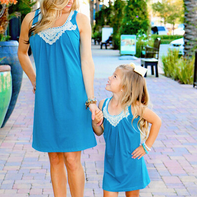 

Mommy＆Me Child Girls O-Neck Sleeveless Solid Lace Family Clothes Dress