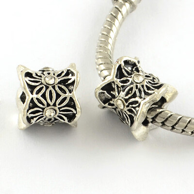 

Antique Silver Plated Alloy Rhinestone Large Hole European Beads Column with Flower Crystal 9x10mm Hole 5mm