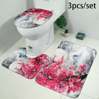 

SakuraSnow Mountain Printing Bathroom Shower Curtain Toilet Cover Mat Non-Slip
