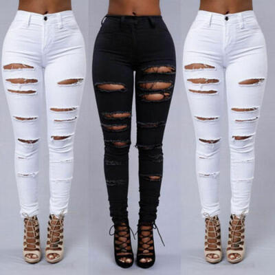 

Womens High Waist Denim Pants Distressed Ripped Skinny Leg Jeans Long Trouser
