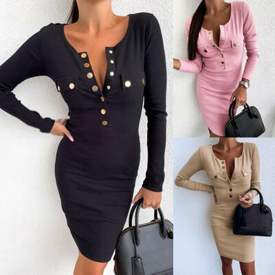 

Women&39s Long Sleeve Dress Button-down O Neck Slim Fit Short Dress -XL