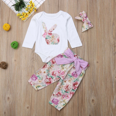 

Newborn Baby Girl Infant Bunny 3pcs Clothes Romper Tops Floral Pants Outfits Set