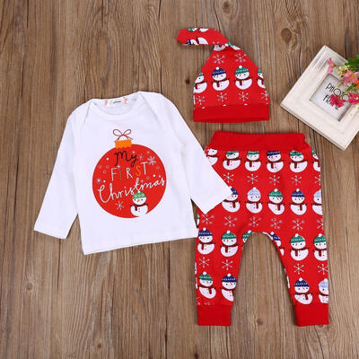 

Toddler Baby Boy Girl Outfits My 1st Christmas Cotton Tops T-shirtSnowman Long Pants 3PCS Set Clothes