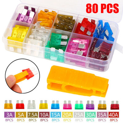 

80pcs Set New 12V Standard Blade Car Fuses 3A40A Assorted With 1pc Puller Kit