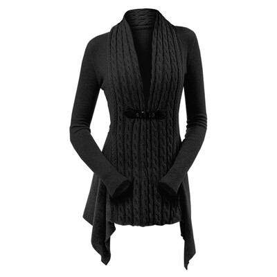 

Cable Knit Ribbed Buckle Front Skirted Plus Size Cardigan