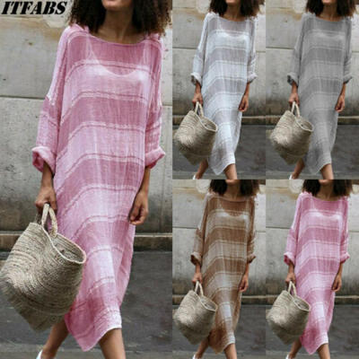 

Women Summer Holiday Cotton Linen Striped Long Boho Beach Maxi Dress Size -5XL