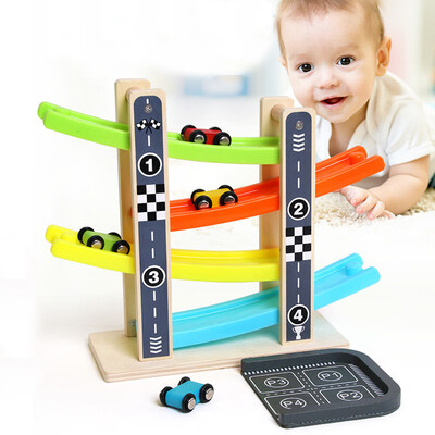 

YIWULABoy And Girl Gifts Wooden Race Track Car Ramp Racer With 4 Mini Cars Toddler Toy