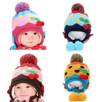 

Baby Kids Knitted Hat Cute Cherry Bowknot Fleece Earflap Hat Children Pompom Cap
