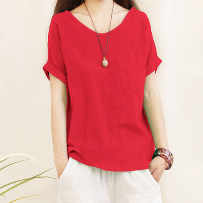 

Nomeni Women Ladies Short Sleeve Pocket Cotton And Linen T-shirts Top Blouse