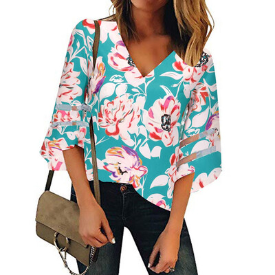 

Starmoon Womens V Neck Floral Mesh Panel Blouse 34 Bell Sleeve Casual Loose Top Shirt