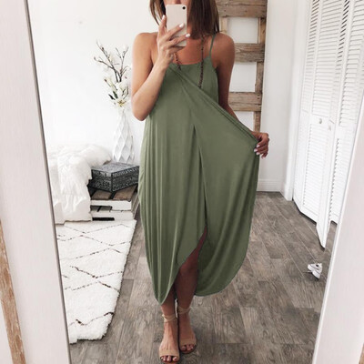

Womens Solid Spaghetti Strap Sleeveless Loose High Waist Irregular Midi Dress