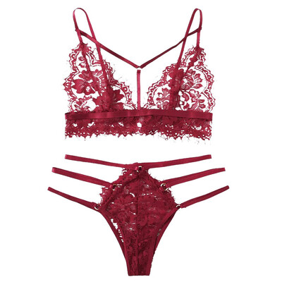 

Toponeto Sexy Women Eyelash Lace Lingerie Set Bandage Bra Thong V-Neck Underwear G-String